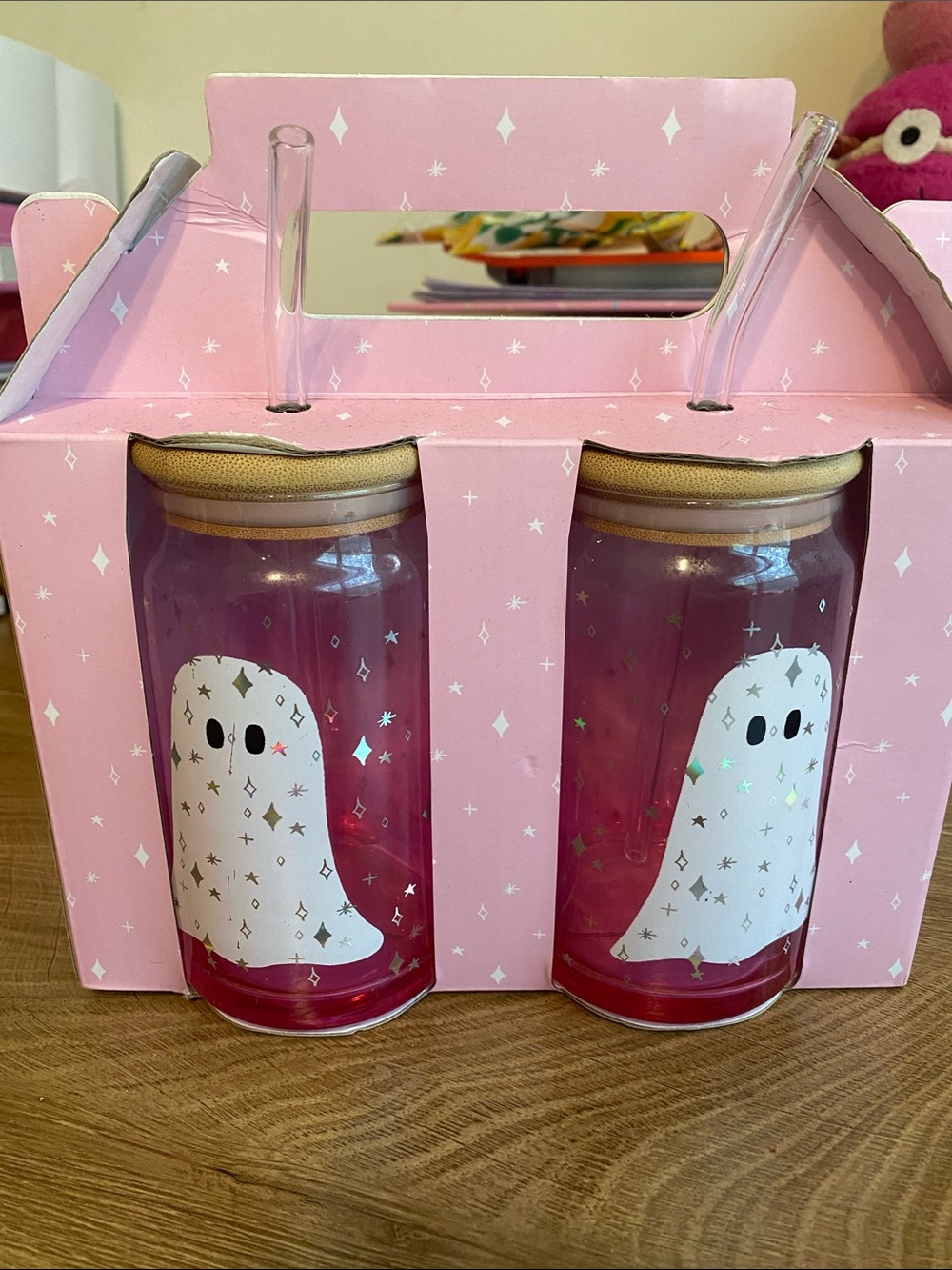 T.J.Maxx Pink Ghost Glass Drink Bottles with Straws
